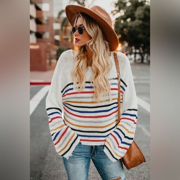Lattes and Leaves White Rainbow Stripe Pattern Sweater - Picture 1 of 9